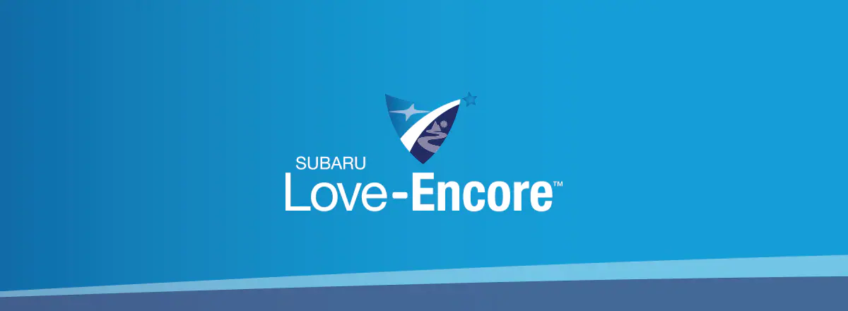 Subaru Love Encore logo on a blue background with accent blue at the bottom.